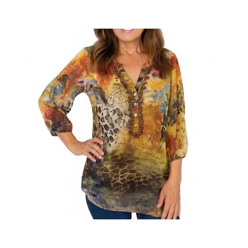 Soft Surroundings Tunic Women 1X Multi Boho Floral Animal Print Beaded Blouse